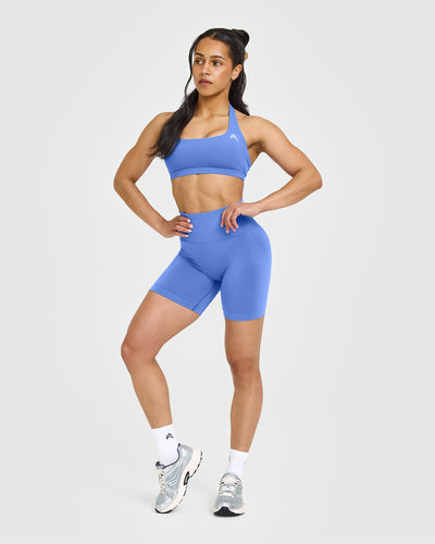 Effortless Seamless Shorts with White Logo | Glaucous Blue