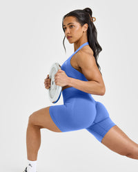 Effortless Seamless Shorts with White Logo | Glaucous Blue