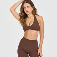 SoftMotion™ Minimal Halter Neck Bralette with White Logo | Espresso Brown