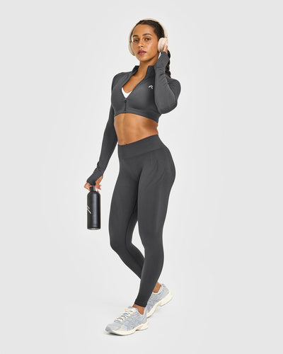 EnhanceLiftâ„¢ Seamless Crop Jacket with White Logo | Coal