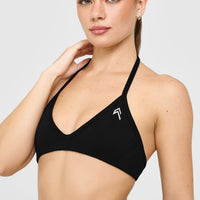 EnhanceLiftâ„¢ Seamless Minimal Halter Neck Bralette with White Logo | Black