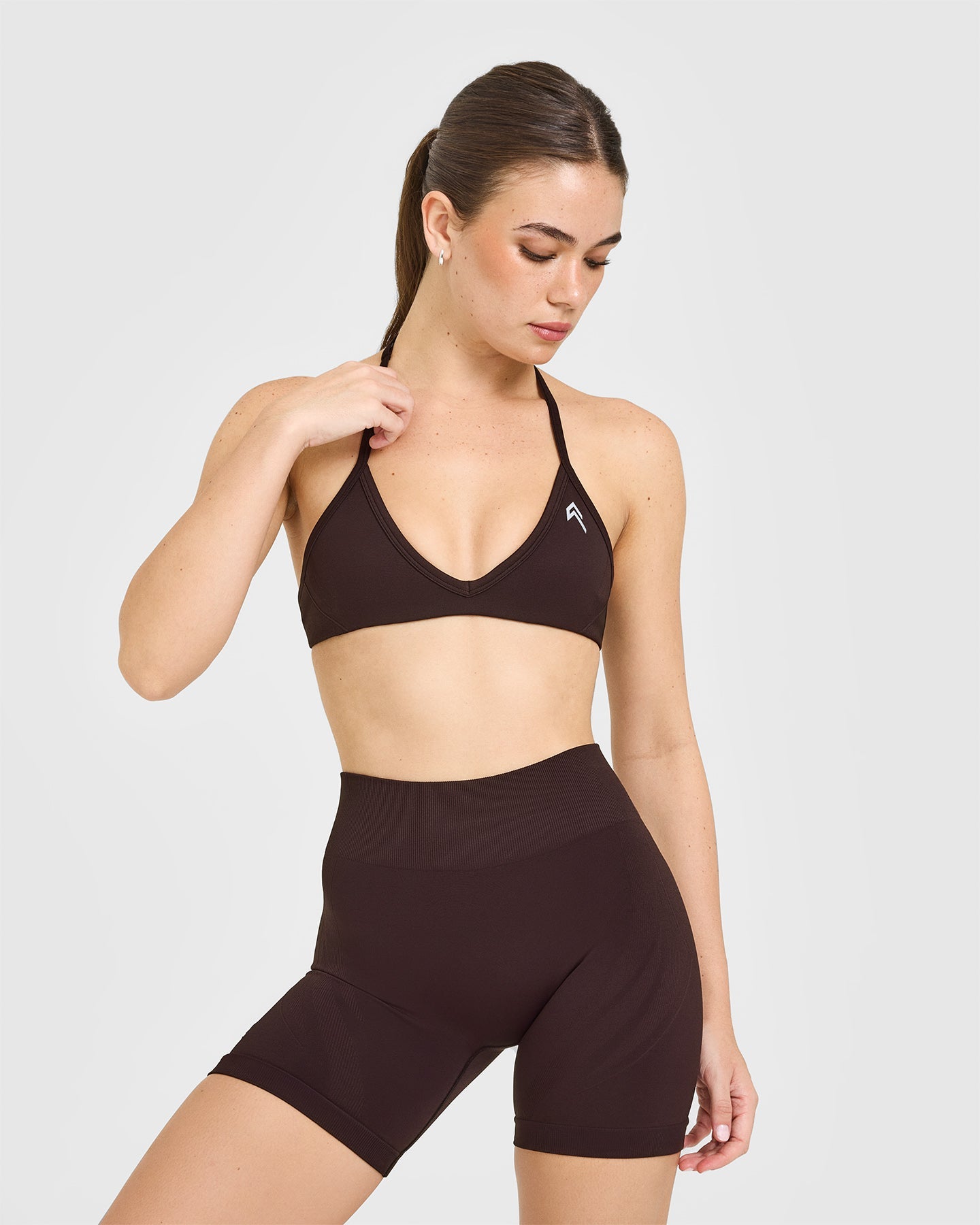 EnhanceLiftâ„¢ Seamless Minimal Halter Neck Bralette with White Logo | Plum Brown