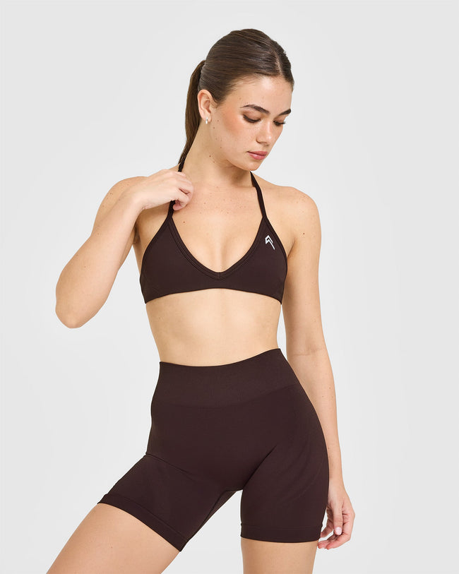 EnhanceLiftâ„¢ Seamless Minimal Halter Neck Bralette with White Logo | Plum Brown
