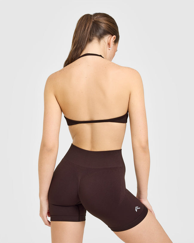 EnhanceLiftâ„¢ Seamless Minimal Halter Neck Bralette with White Logo | Plum Brown