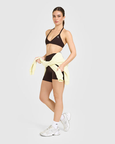 EnhanceLiftâ„¢ Seamless Minimal Halter Neck Bralette with White Logo | Plum Brown