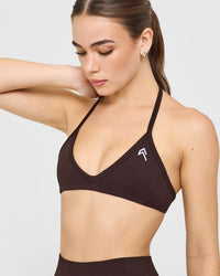 EnhanceLiftâ„¢ Seamless Minimal Halter Neck Bralette with White Logo | Plum Brown