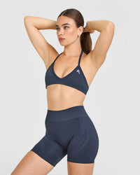 EnhanceLiftâ„¢ Seamless Minimal Halter Neck Bralette with White Logo | True Blue