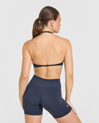 EnhanceLiftâ„¢ Seamless Minimal Halter Neck Bralette with White Logo | True Blue