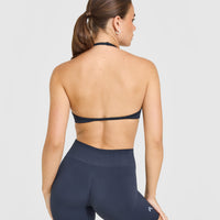 EnhanceLiftâ„¢ Seamless Minimal Halter Neck Bralette with White Logo | True Blue