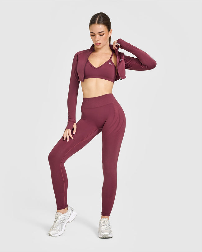 EnhanceLiftâ„¢ Seamless Strappy Sports Bra with White Logo | Burnt Maroon