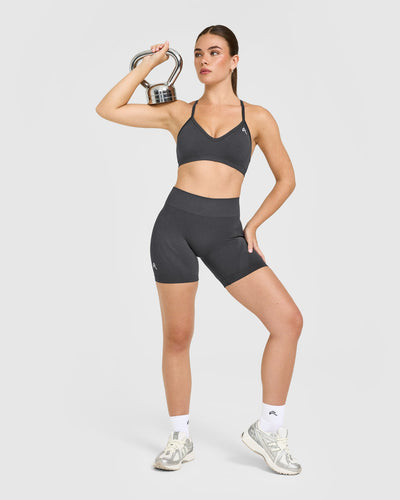 EnhanceLiftâ„¢ Seamless Strappy Sports Bra with White Logo | Coal