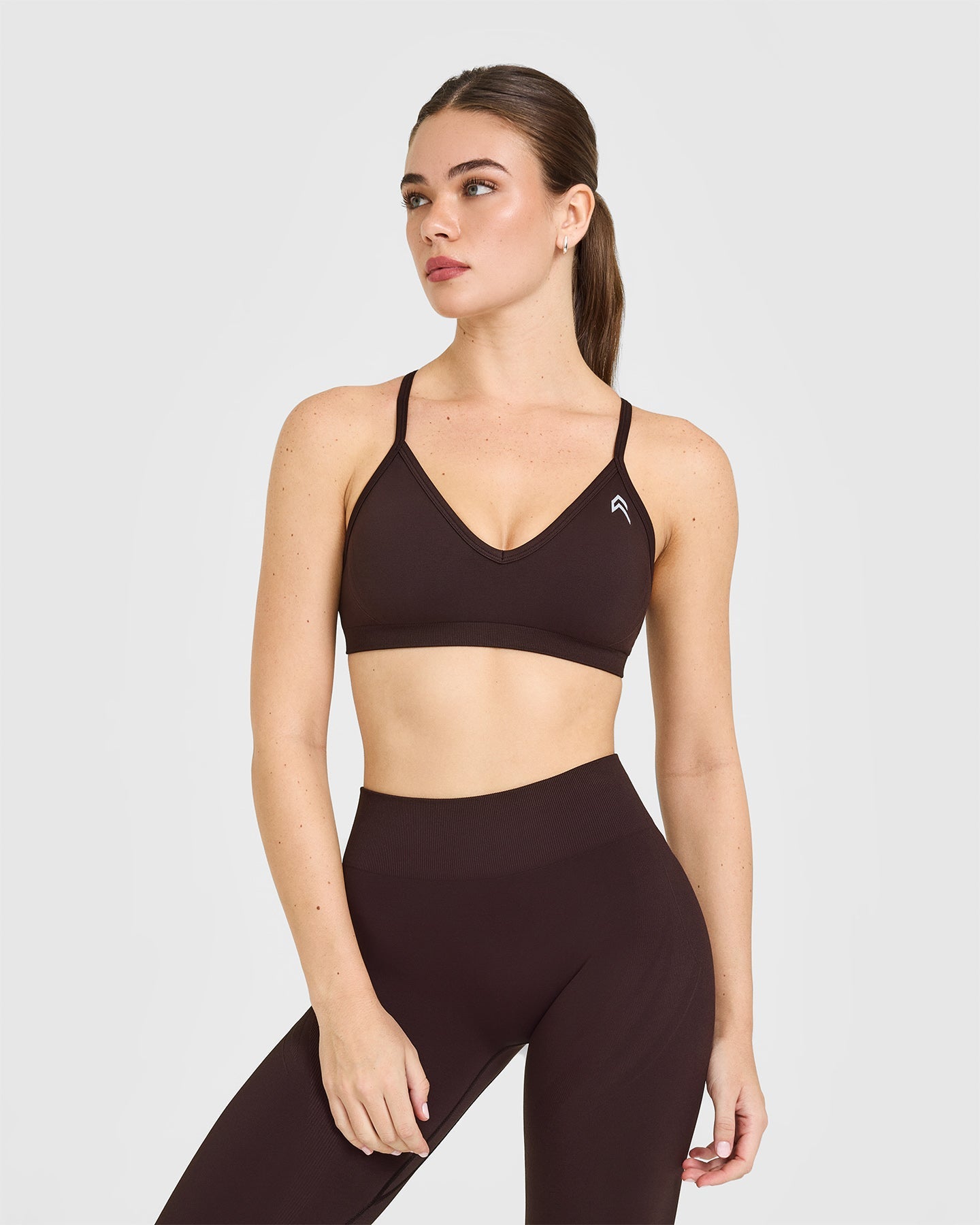 EnhanceLiftâ„¢ Seamless Strappy Sports Bra with White Logo | Plum Brown