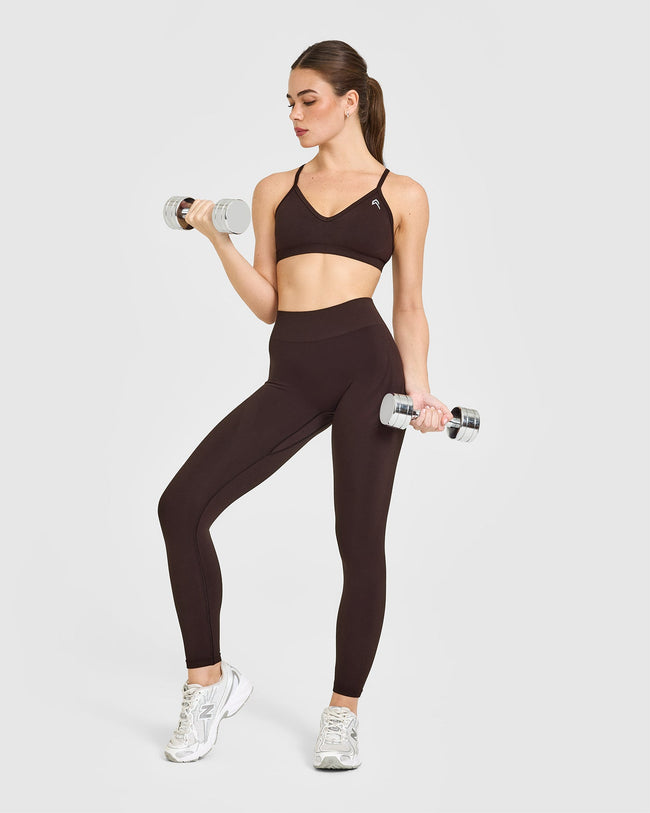 EnhanceLiftâ„¢ Seamless Strappy Sports Bra with White Logo | Plum Brown