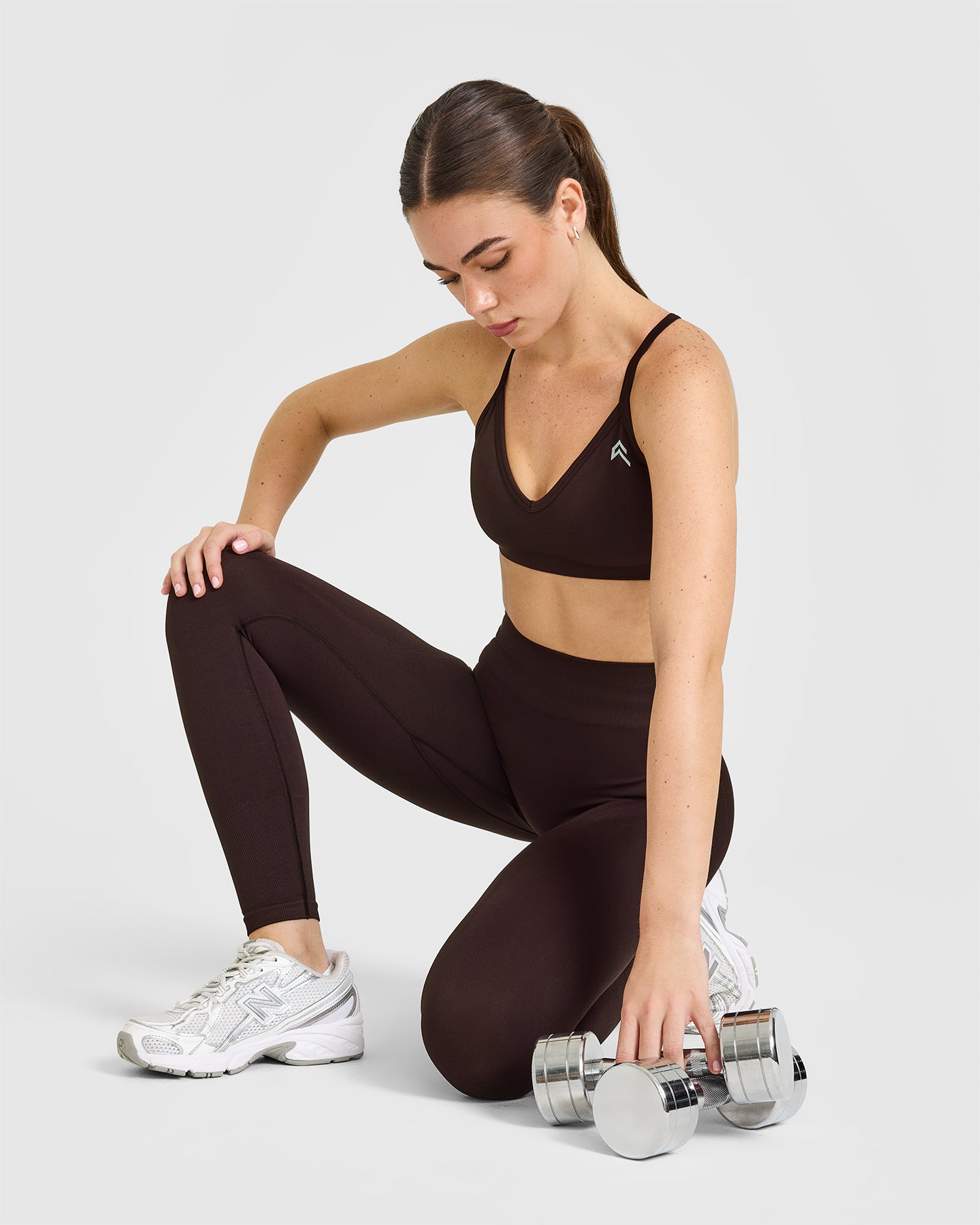 EnhanceLiftâ„¢ Seamless Strappy Sports Bra with White Logo | Plum Brown