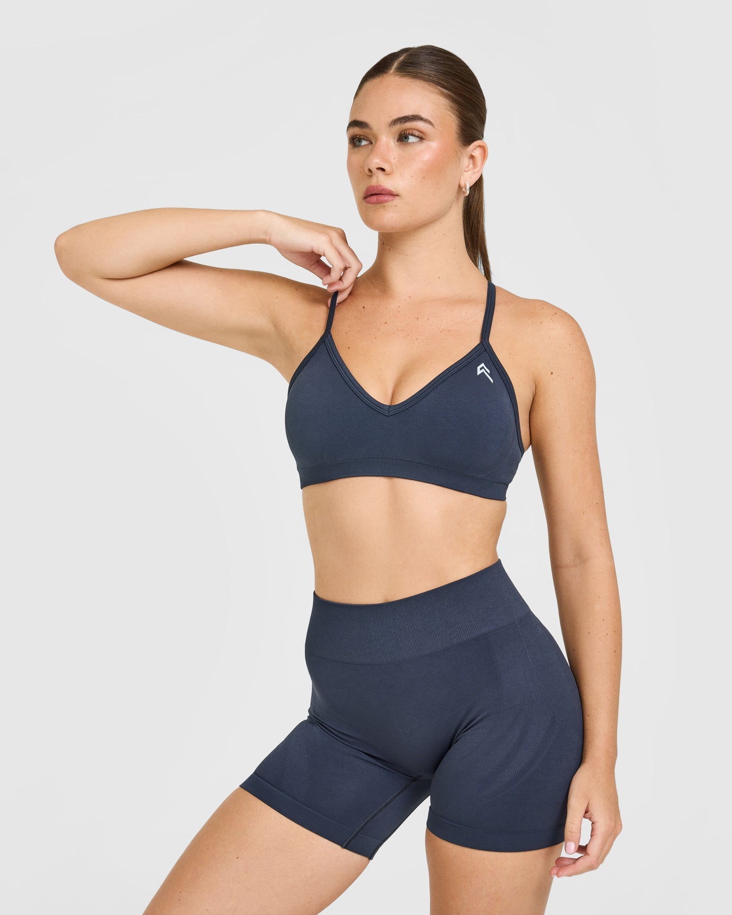 EnhanceLiftâ„¢ Seamless Strappy Sports Bra with White Logo | True Blue