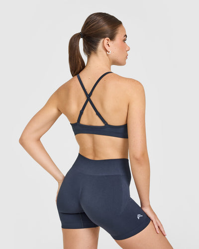 EnhanceLiftâ„¢ Seamless Strappy Sports Bra with White Logo | True Blue