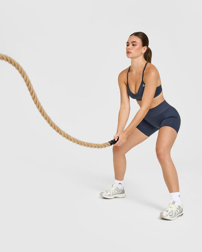 EnhanceLiftâ„¢ Seamless Strappy Sports Bra with White Logo | True Blue
