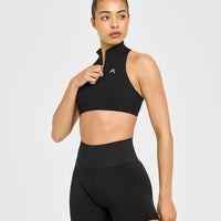 EasyLiftâ„¢ Zip High Neck Sports Bra with White Logo | Black