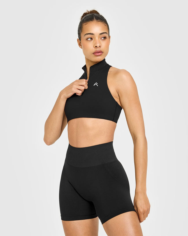 EasyLiftâ„¢ Zip High Neck Sports Bra with White Logo | Black