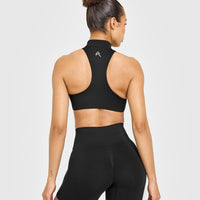 EasyLiftâ„¢ Zip High Neck Sports Bra with White Logo | Black