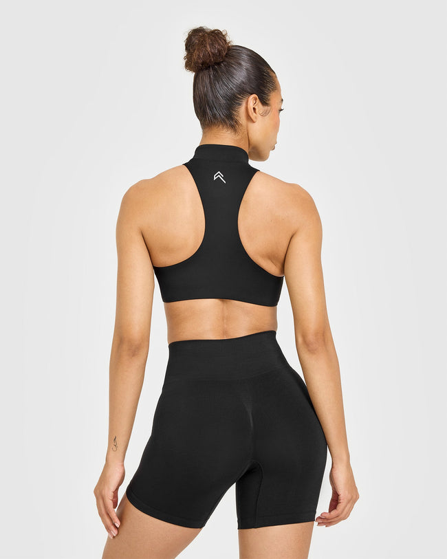 EasyLiftâ„¢ Zip High Neck Sports Bra with White Logo | Black