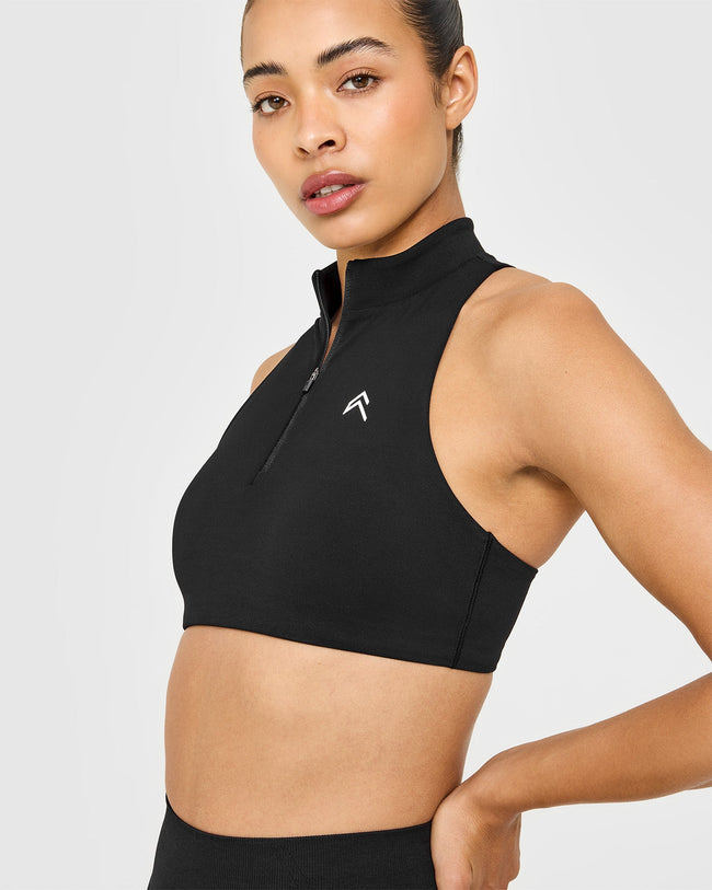 EasyLiftâ„¢ Zip High Neck Sports Bra with White Logo | Black