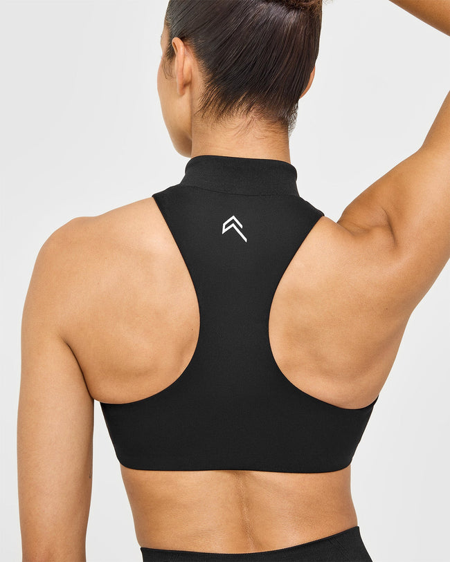 EasyLiftâ„¢ Zip High Neck Sports Bra with White Logo | Black