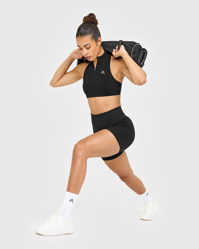 EasyLiftâ„¢ Zip High Neck Sports Bra with White Logo | Black