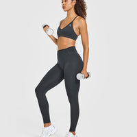 Timeless High Waisted Leggings with White Logo | Coal