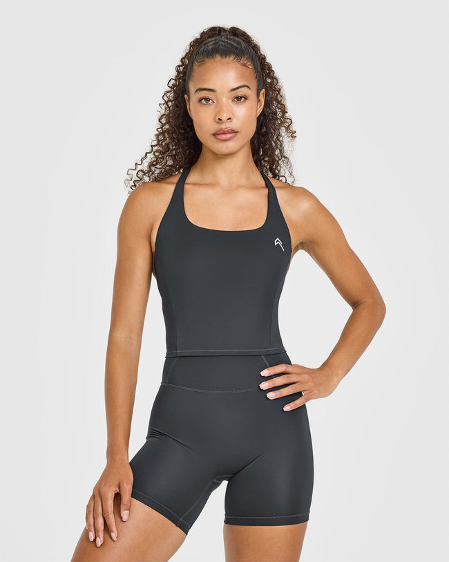 Timeless Square Neck Mid Vest with White Logo | Coal