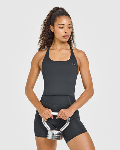 Timeless Square Neck Mid Vest with White Logo | Coal