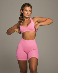 Effortless Seamless Halter Neck Sports Bra with White Logo | Peony Pink