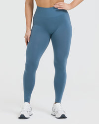 Effortless Seamless Leggings with White Logo | Moonstone Blue
