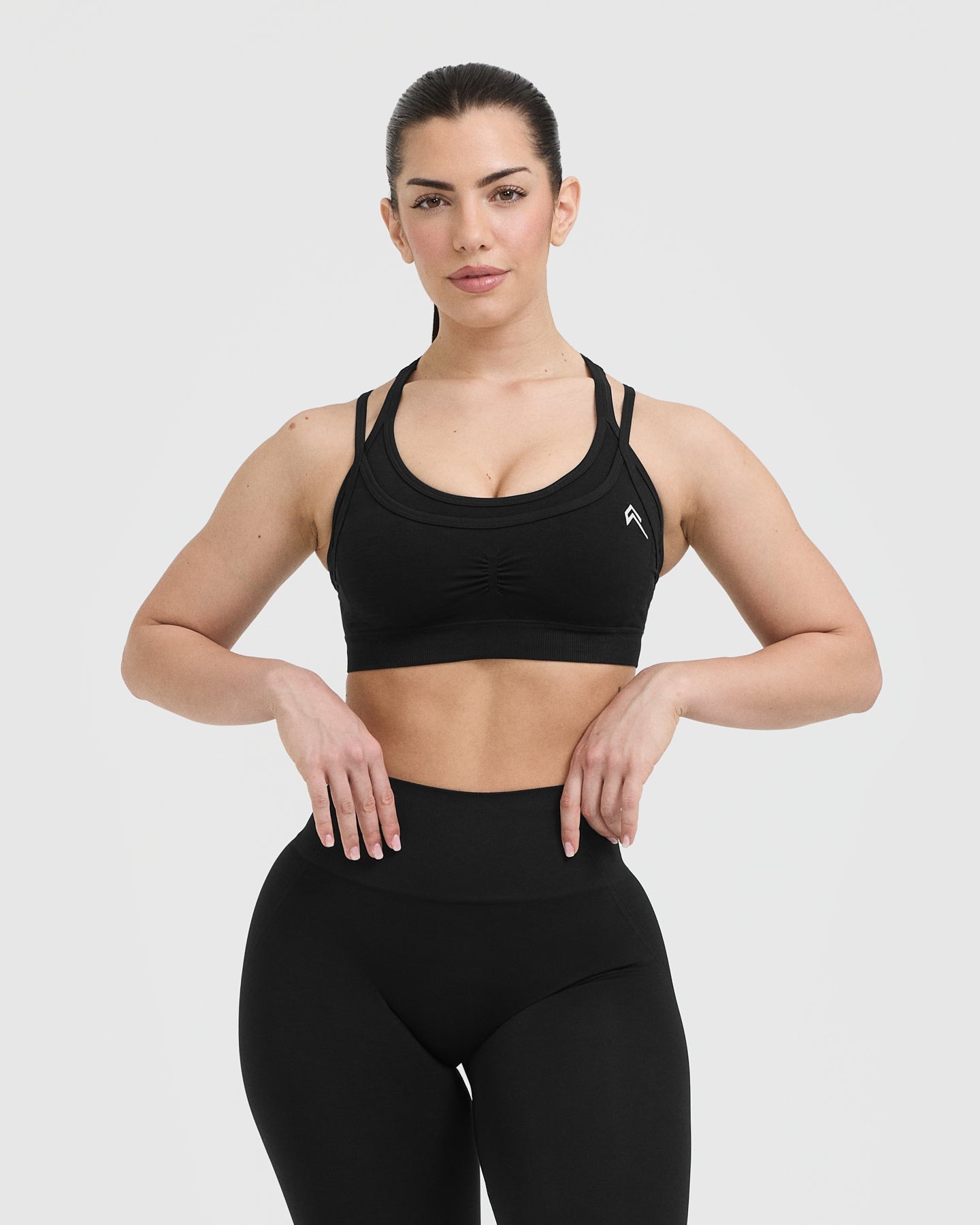 Effortless Seamless Layered Sports Bra with White Logo | Black