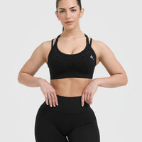 Effortless Seamless Layered Sports Bra with White Logo | Black