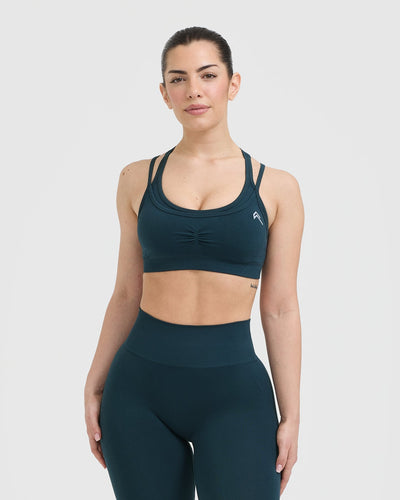 Effortless Seamless Layered Sports Bra with White Logo | Oil Blue