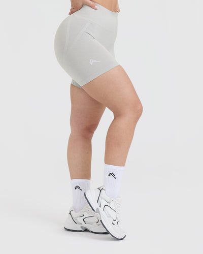 Effortless Seamless Shorts with White Logo | Light Grey Marl