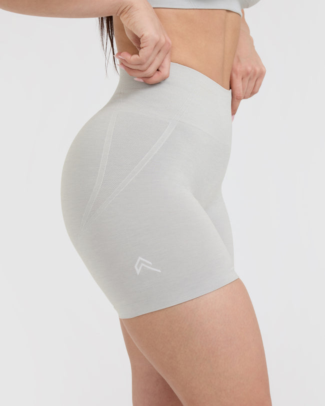 Effortless Seamless Shorts with White Logo | Light Grey Marl
