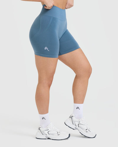 Effortless Seamless Shorts with White Logo | Moonstone Blue