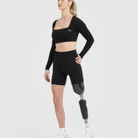 Effortless Square Neck Crop Long Sleeve Top with White Logo | Black