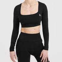 Effortless Square Neck Crop Long Sleeve Top with White Logo | Black