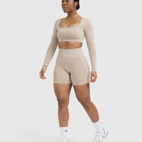 Effortless Square Neck Crop Long Sleeve Top with White Logo | Mushroom Brown