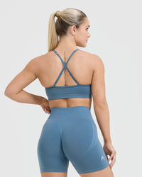 Effortless Strappy Bralette with White Logo | Moonstone Blue