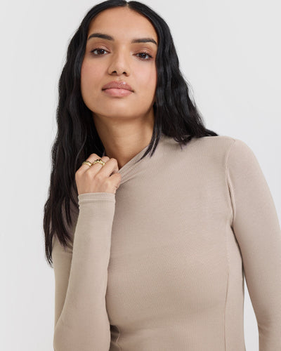 Mellow™ Rib Mock Neck Long Sleeve Top | Mushroom Brown