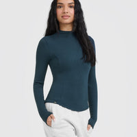 Mellow™ Rib Mock Neck Long Sleeve Top | Oil Blue