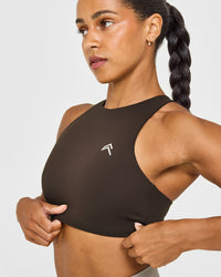 EasyLiftâ„¢ High Neck Sports Bra with White Logo | 70% Cocoa