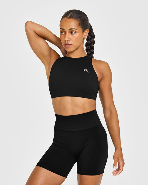 Oner Modal EasyLiftâ„¢ High Neck Sports Bra with White Logo | Black