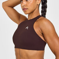 EasyLiftâ„¢ High Neck Sports Bra with White Logo | Plum Brown