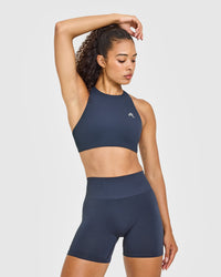 EasyLiftâ„¢ High Neck Sports Bra with White Logo | True Blue