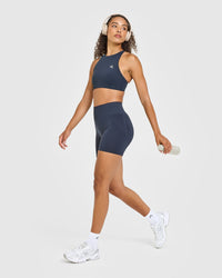 EasyLiftâ„¢ High Neck Sports Bra with White Logo | True Blue